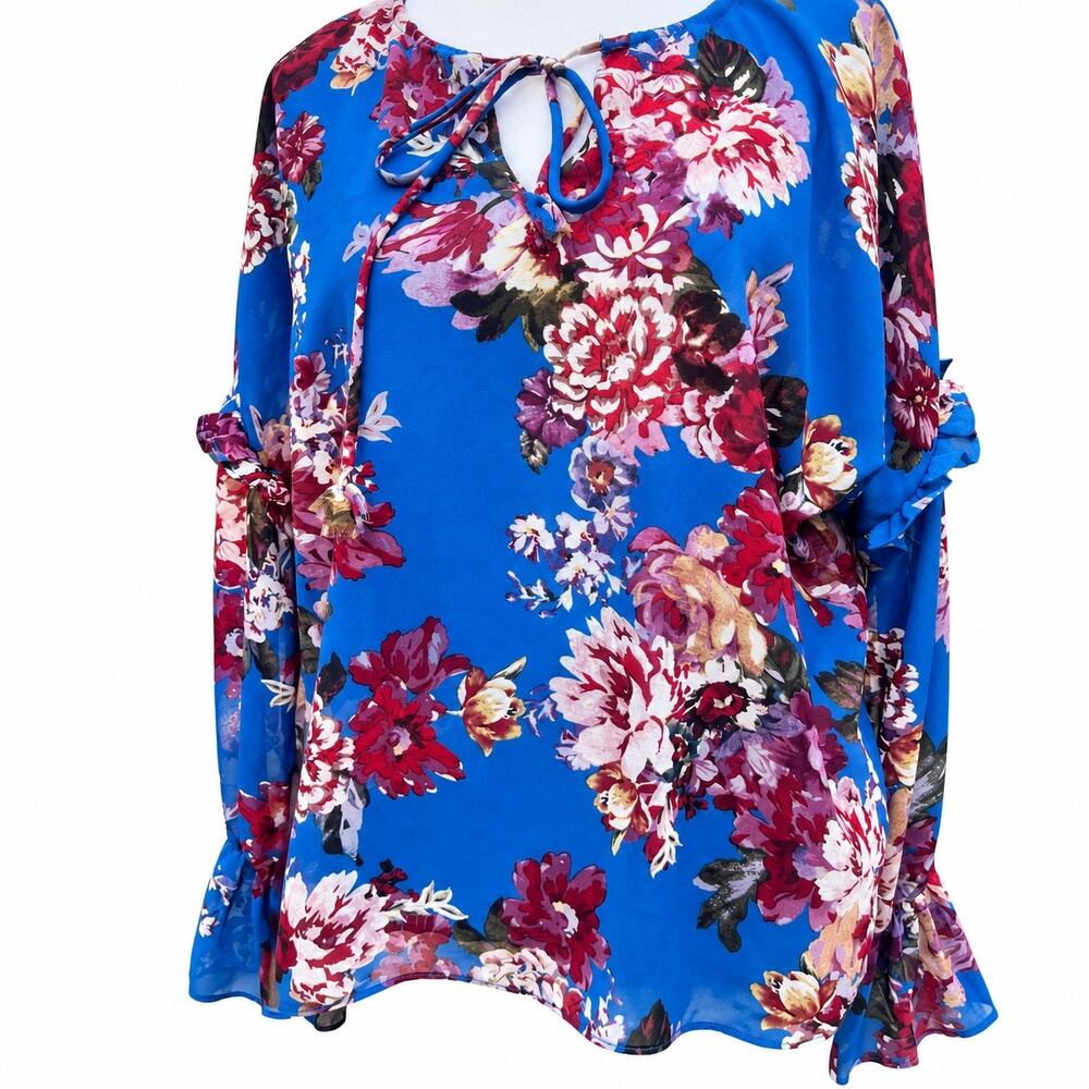 Elie Elie Tahari Cerulean Blue Floral Blouse S Ruffle Bell Sleeves Tie Neck